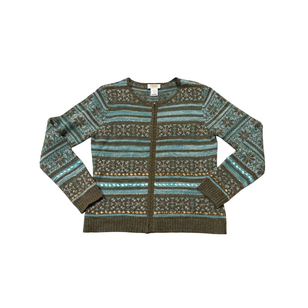 Y2K Talbots Petite Small Beaded Snowflake Wool Zip Cardigan Green Teal